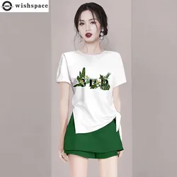 2023 Zomer Nieuwe Creatieve Brief Afdrukken Korte Mouwen T-shirt Casual Rok Shorts Tweedelige Elegante Vrouwen Broek Set outfit