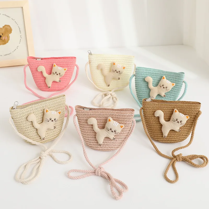 Baby Crossbody Shoulder Bag Children\'s Straw Zipper Coin Key Bag Little Girl Cute Cartoon Cat Mini Bag