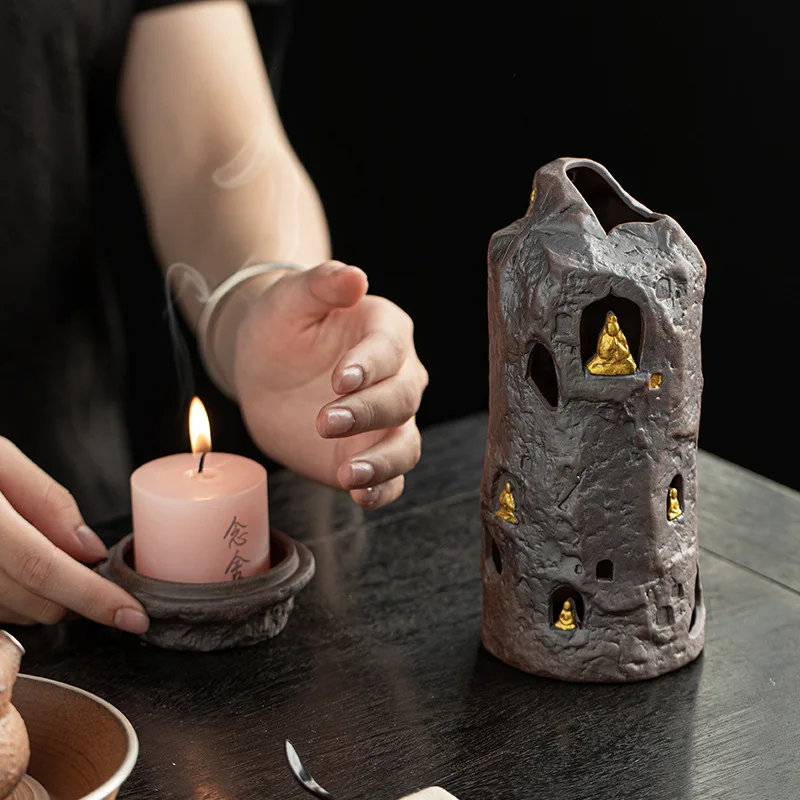 Handmade Ceramic Incense Burner Dunhuang Hollow Incense Burner Gilded Incense Burner Gift Box Candle Aromatherapy Night Light