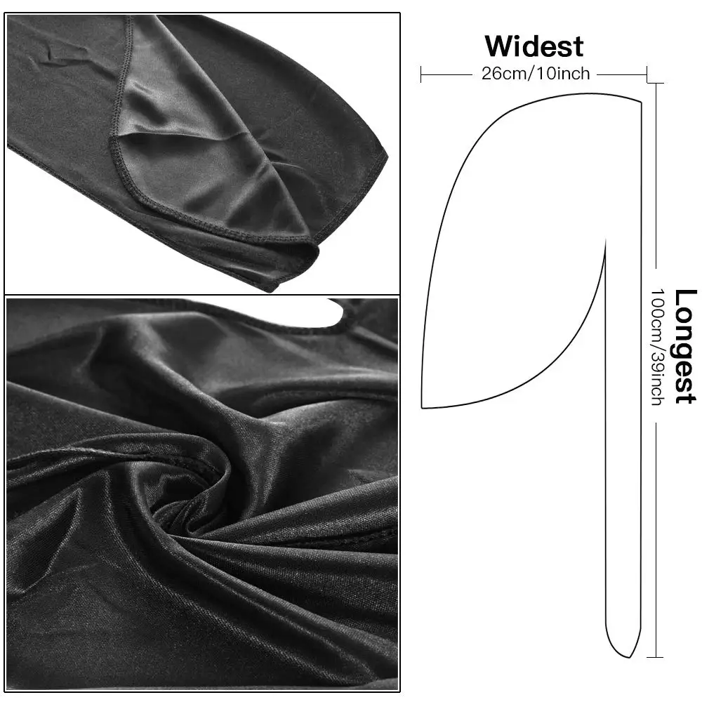 Black Satin Silky Durag Long Tail Doo Rag Men 360 Waves Hair Wrap Soft Silk Headband Hip Hop Turban Hair Protection Cap