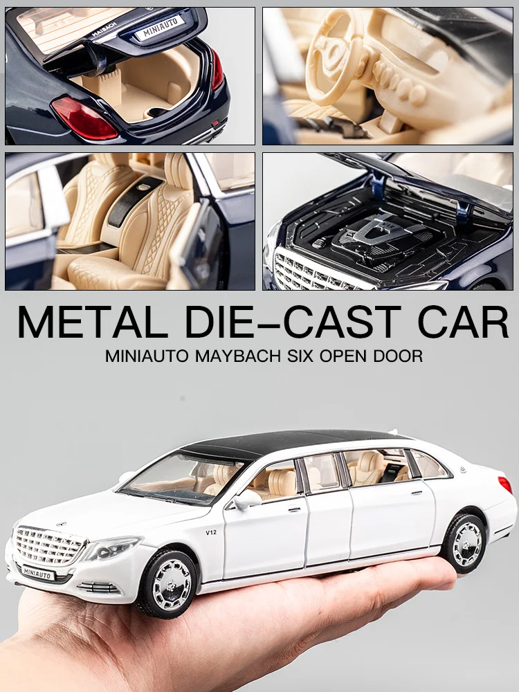 1/24 Maybach AMG S600 Toy Car Model, Diecast Alloy Metal Miniature Pull Back Sound & Light Collection Free Wheel Gift For Boy