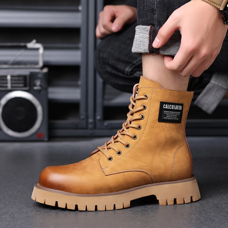 

2025 Men's Big Yellow Boots Outdoor Water - Repellent Coating Medium - Top British Style Retro Work Boots Winter Snow Cotton Fas
