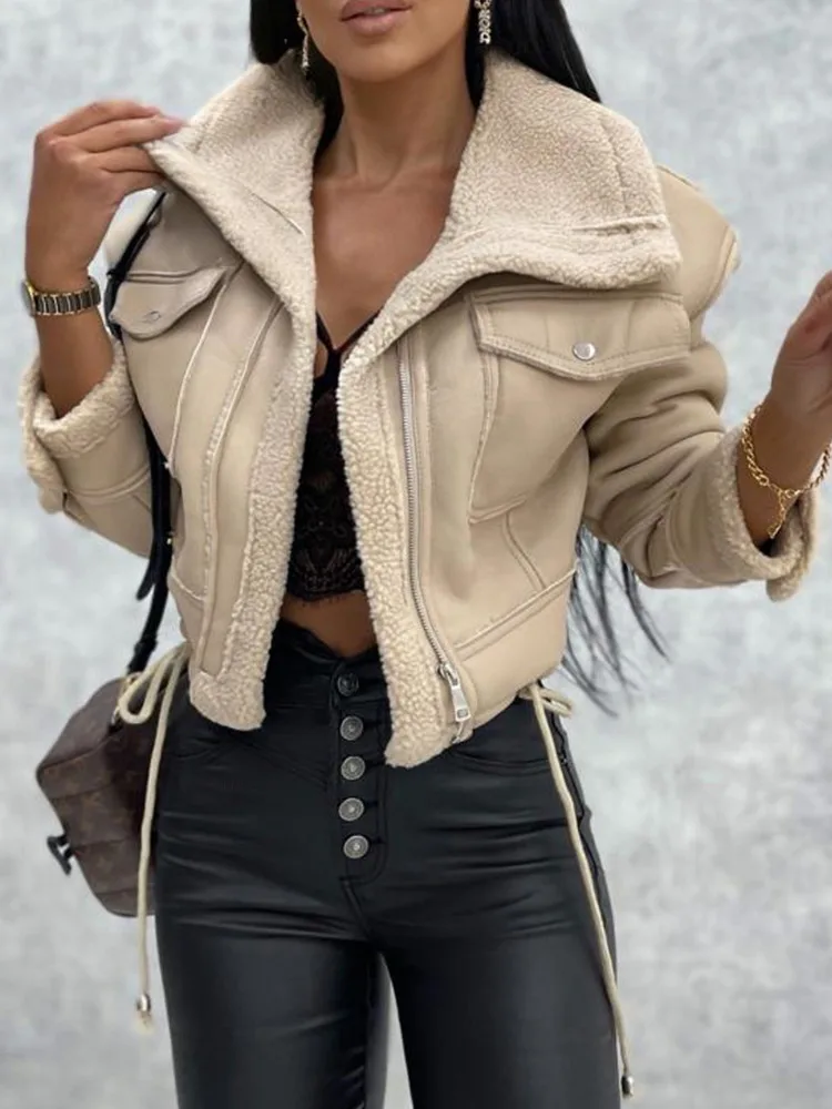 DEAT Fashion Women's PU Leather Jackets Lapel Fur Intergrated Lamb Wool Zipper Long Sleeve Short Coat Winter 2024 New 7AB6637