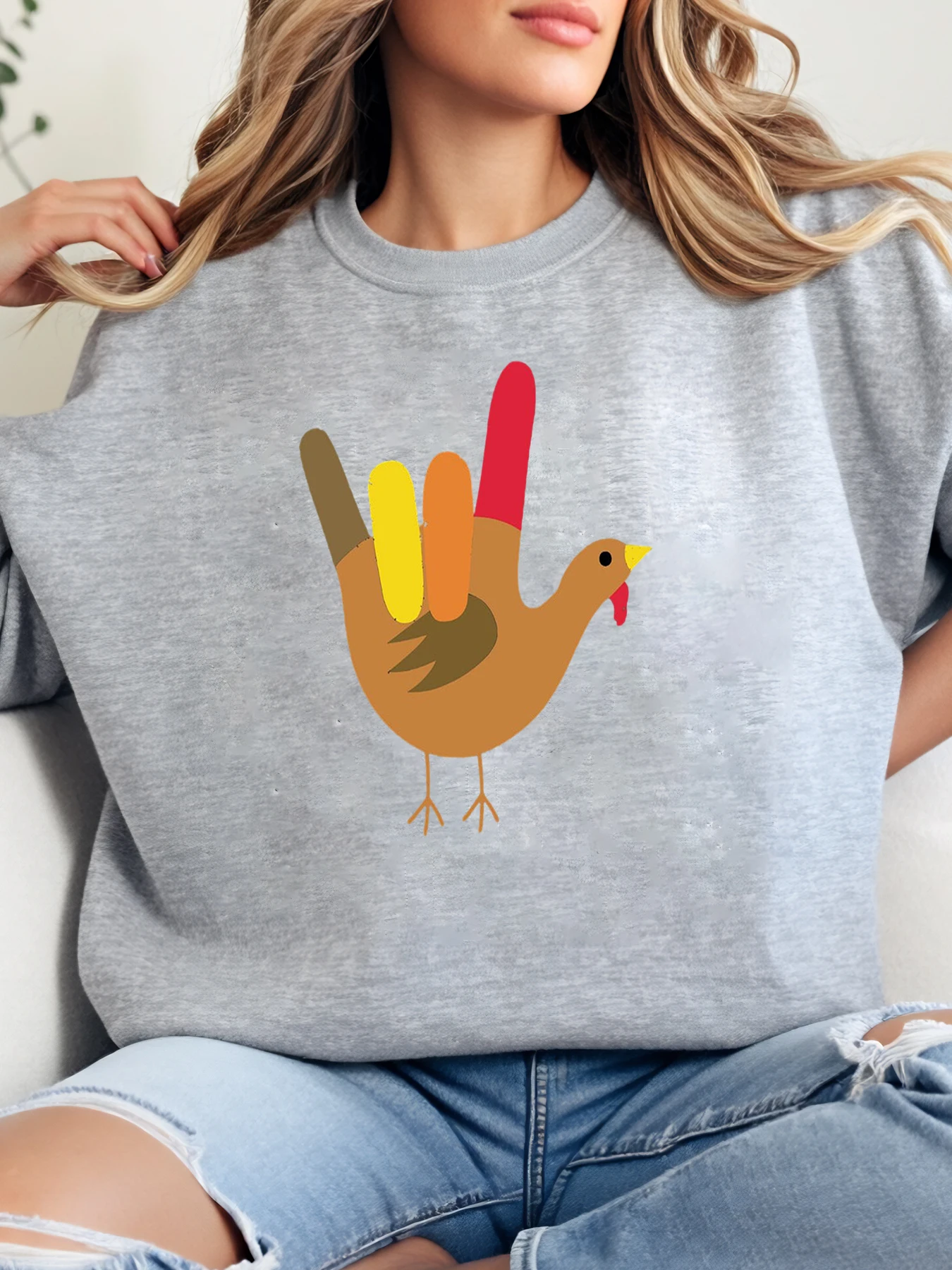 

Толстовка с круглым вырезом в Турции, женская повседневная осенне-зимняя одежда с принтом на День Благодарения, серая, больших размеров