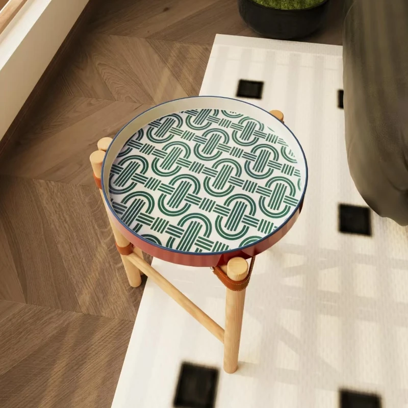 Vintage Solid Wood Coffee Table, Folding Pig Nose Side Table, Saddle Leather Colored Porcelain Removable Tray