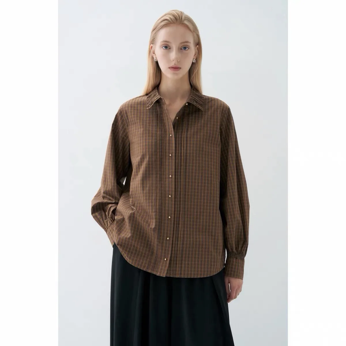 Elegant Lemon Cheese LAN26 Autumn Loose Long Sleeve Shirt with Polka Dot Fold Collar And Plaid Pattern Women's Commute Style