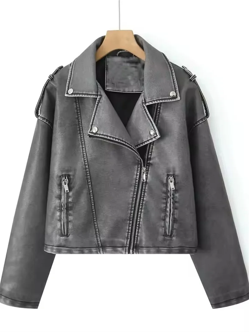แฟชั่นผู้หญิงเงินMoto Bikerล้างแจ็คเก็ตหนังFaux 2025 ใหม่หญิงฤดูใบไม้ร่วงฤดูหนาวRetroหลวมPUซิปStreetwear Coa