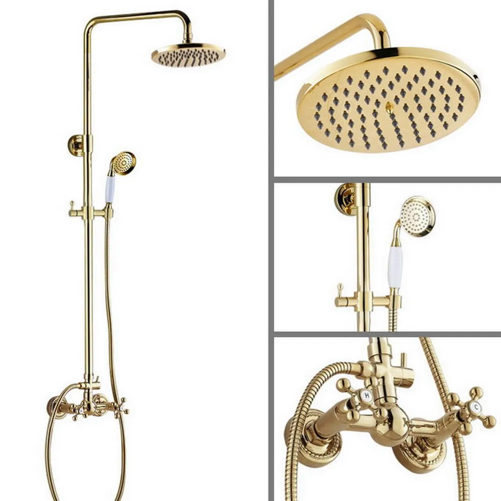 

Wall Mounted Gold Color Brass Rain Shower Faucet Set with Bathroom Handheld Shower Mixer Tap + 8 inch Round Shower Head Wgf334