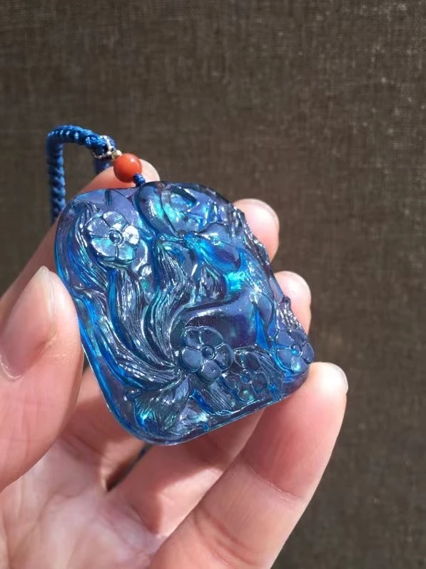 

Natural Blue Aquamarine Quartz Dragon Pendant Rectangle Brazil Women Men 43*39*7mm Aquamarine Deep Blue Necklace AAAAA