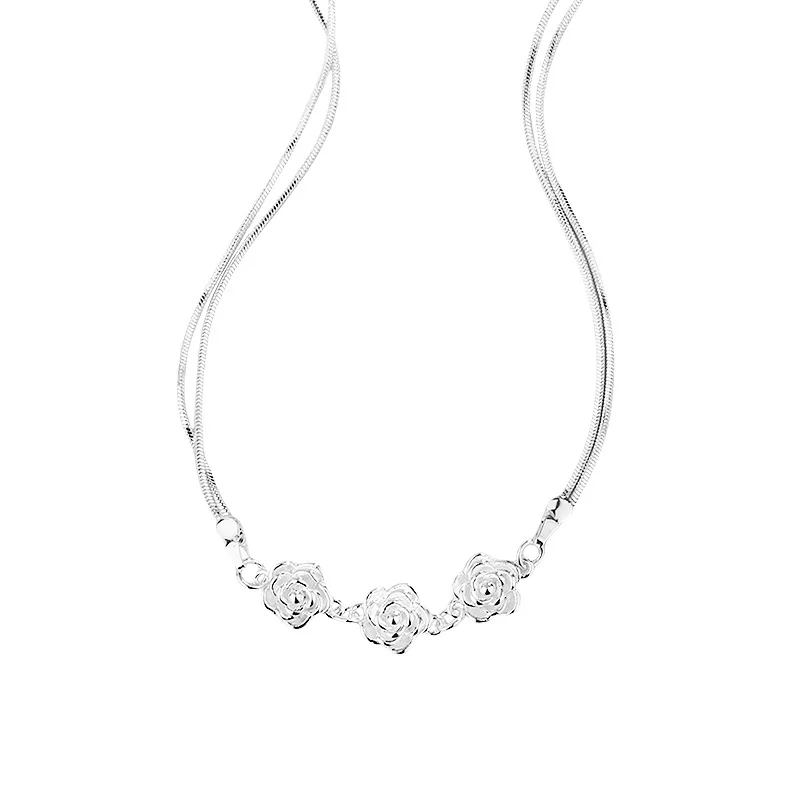 925 Sterling Silver Double-layer Rose Flower Snake Chains Necklaces For Women Luxury Quality Wedding Party Jewelry Gift Female