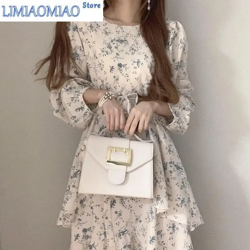 

New Women Spring Summer Dresses With Flowers Floral Chiffon High Waist Lace Up Oversize Lady Long Dress