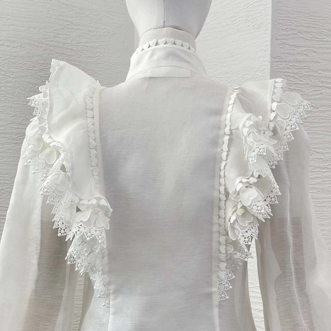 

Spring Summer 2025 White Lace Patchwork Diamonds Long Sleeve Blouse Tops Shirts for Women