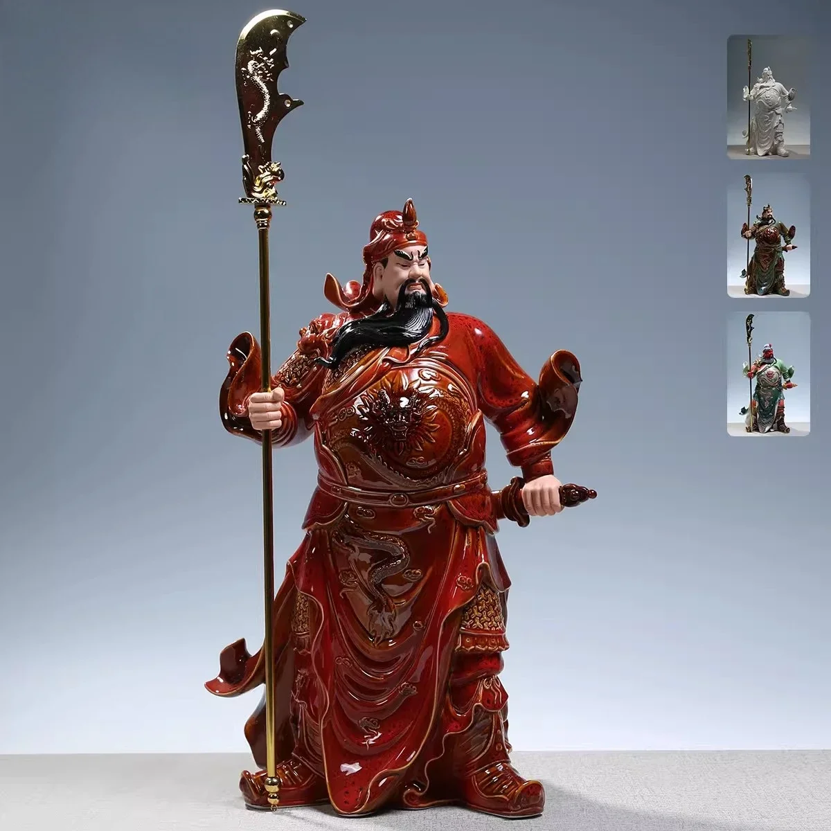 Ceramic Guan Gong statue, red glaze dedicated to the God of Fortune, Guan Yu Buddha statue ornament Ceramic Guan Erye statue