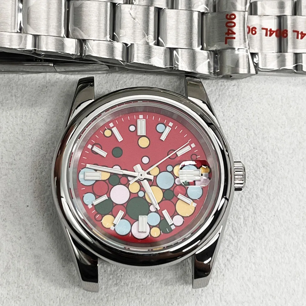 28.5mm NH35 dial pink yellow bubble dial NH35 oysterper case with stainless steel bracelet for NH35 automatic movement watchmods