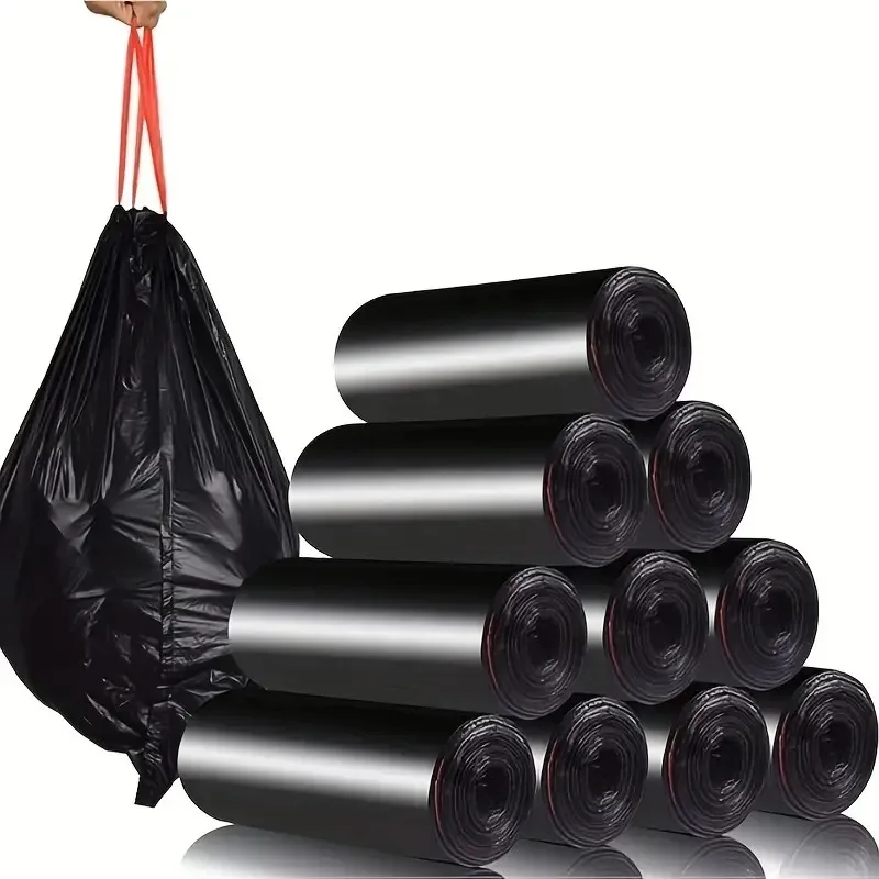 75/150PCS Black Trash Bags Disposable Thicken Drawstring Garbage Bags Kitchen Office Outdoor Cleaning Waterproof Oil Proof