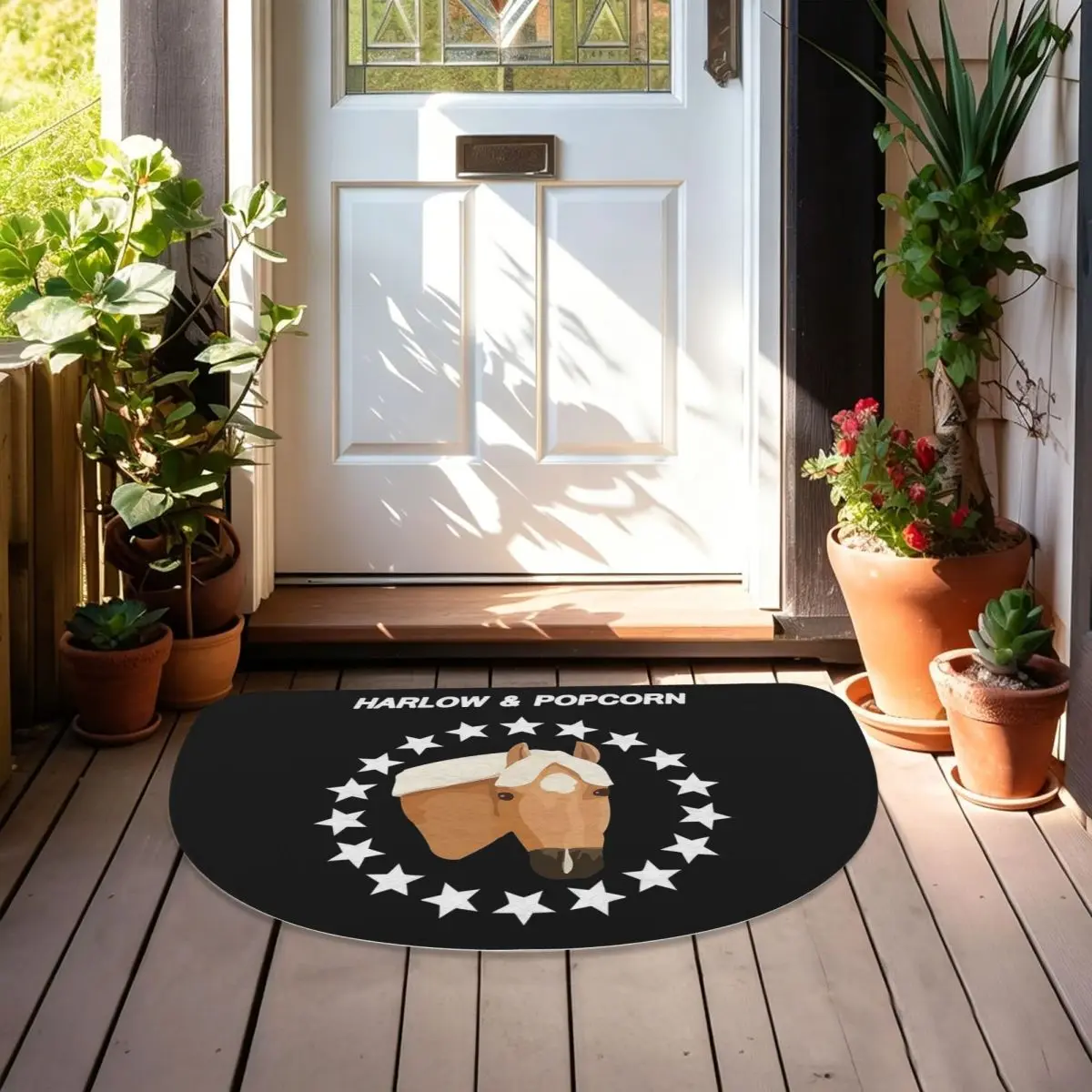 Harlow And Popcorn Merch Popcorn The Pony Soft Half Round Doormat Non Slip Bathroom Mat Absorbent Floor Carpet for Living Room
