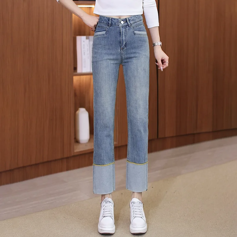 جينز مستقيم الساق للنساء، للربيع والخريف، خصر عالي، تنحيف، متعدد الاستخدامات، تسع نقاط، صغير الحجم، سروال أسود