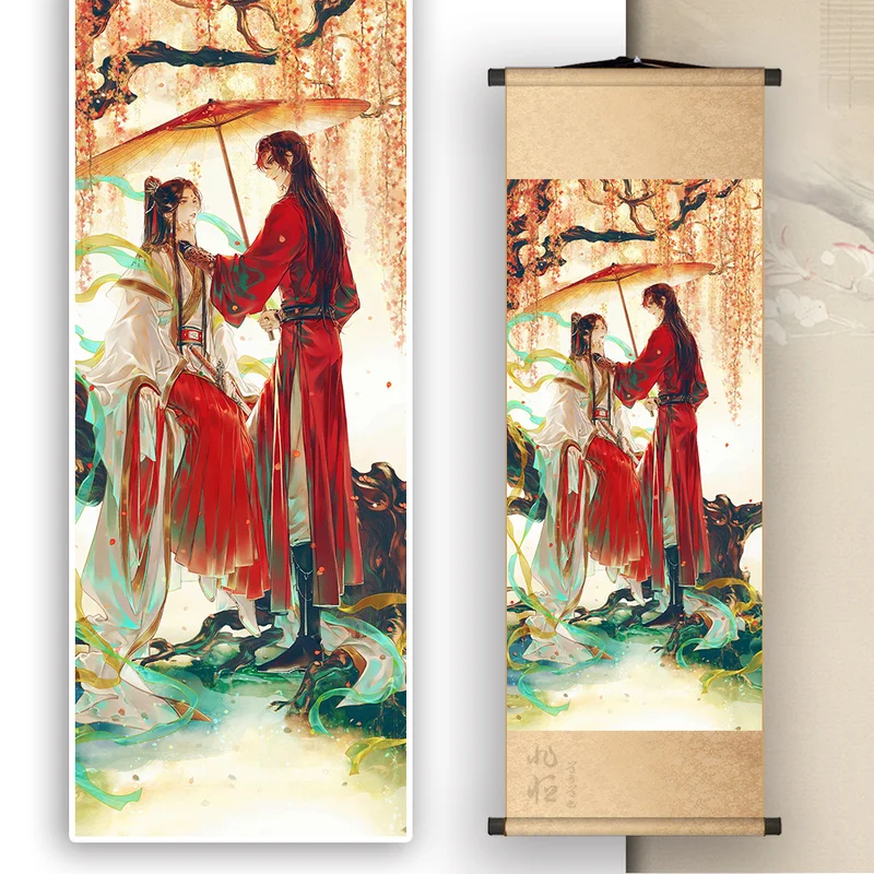 Tian Guan Ci Fu Silk Fabric Picture Scroll Hua Cheng Xie Lian Fiugre Hanging Picture Printed Poster Scroll Picture Home Gift