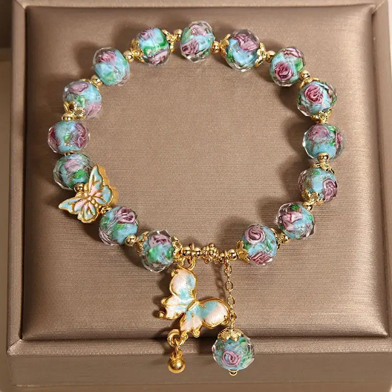 New Chinese Rose Garden Blue Glaze Bracelet Women's Niche Light Luxury Gifts Butterfly Pendant Beads HandString High-end Jewelry view 5