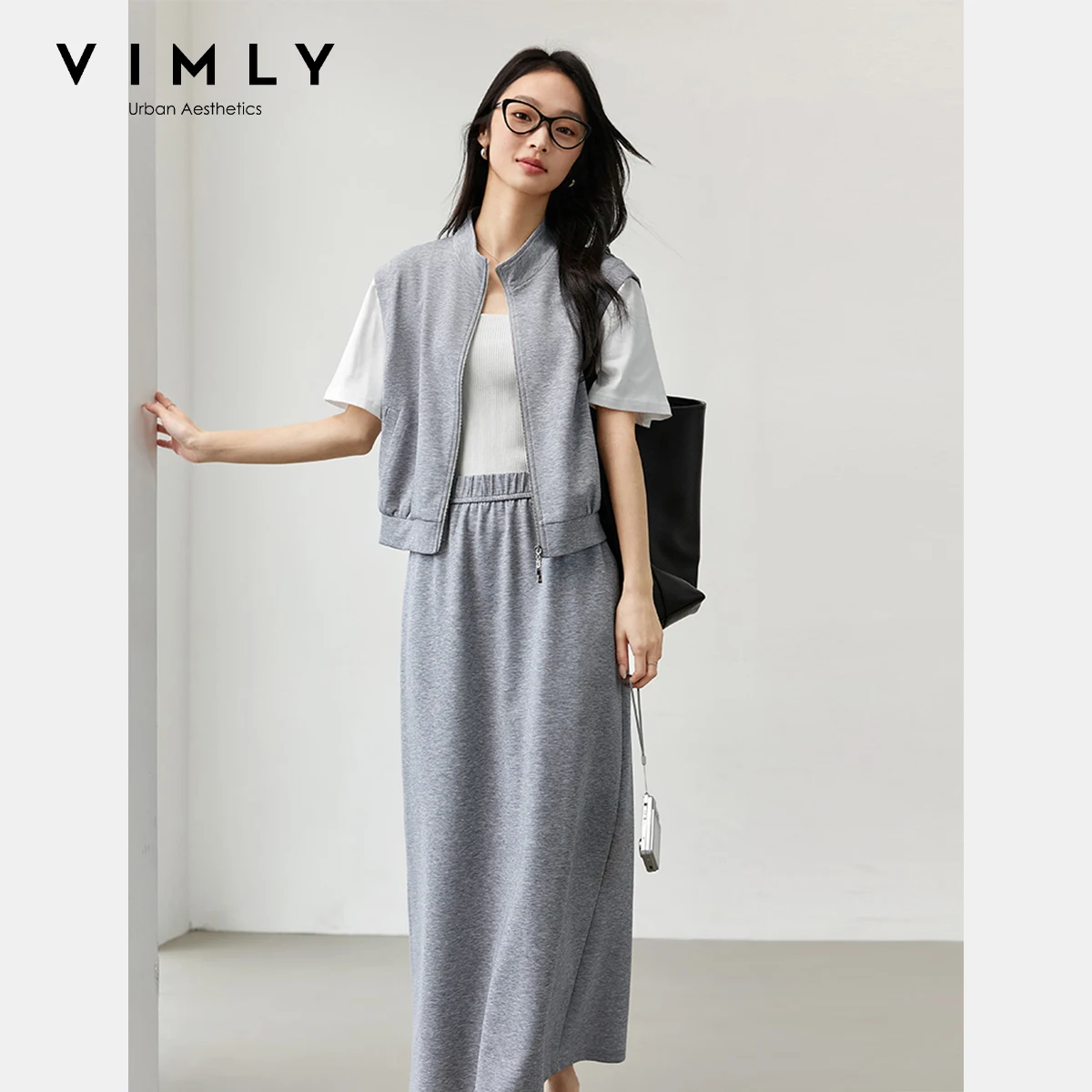 

VIMLY Summer Women's Skirt Suit 2 Piece Sets 2025 Woman Outfit Contrast Short Sleeve Zip Up Top Straight Long Skirt Set M9831