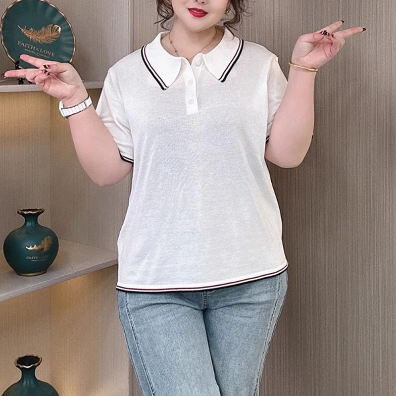 Women's Plus Size Polo Collar Short Sleeve T-Shirt Loose Fit Summer Casual Slimming Breathable Top With Ice Silk Fabric 2276