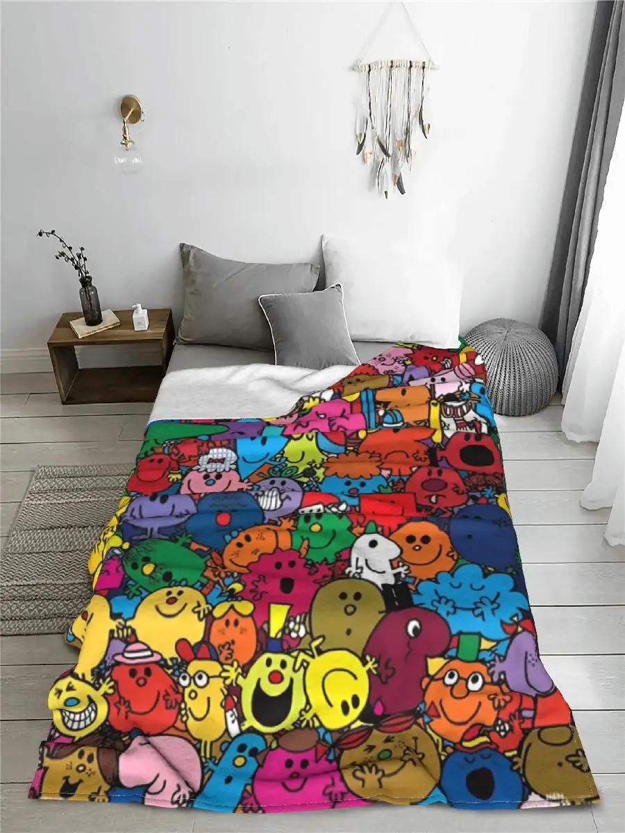 Mr MMen Cartoon Throw Blanket  Soft Flannel for Home Winter Office  Mr Happy Miss Sunshine Little Shy