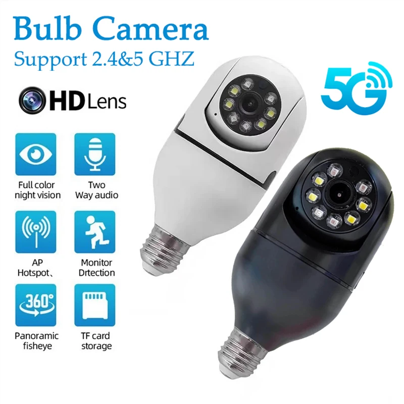 

5G Wifi Camera E27 Bulb Surveillance Night Vision Full Color Automatic Human Tracking 4X Digital Zoom Video Security Monitor Cam