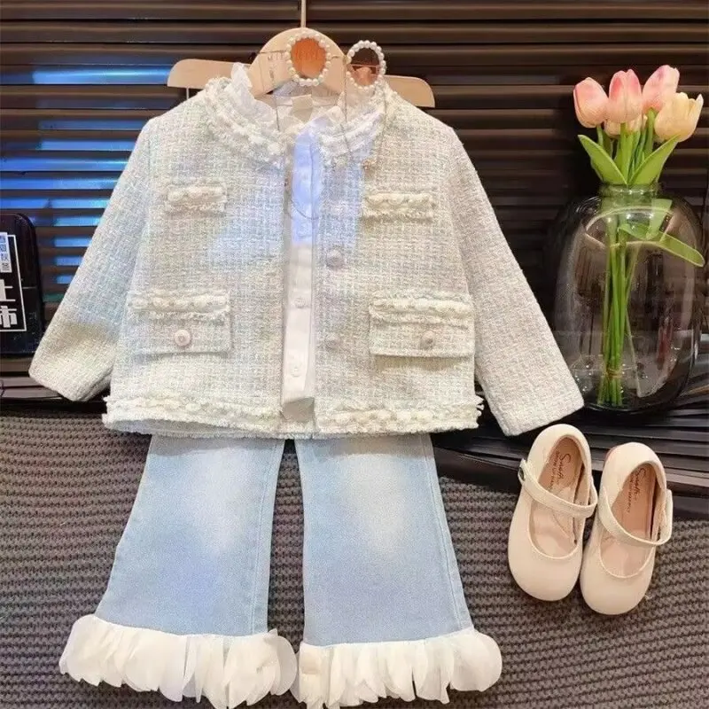 New Girls clothes 2024 Spring Fashion Childrens Coat  Small Fragrant Wind Two Piece Set Small Fragrant Wind Childrens Wear