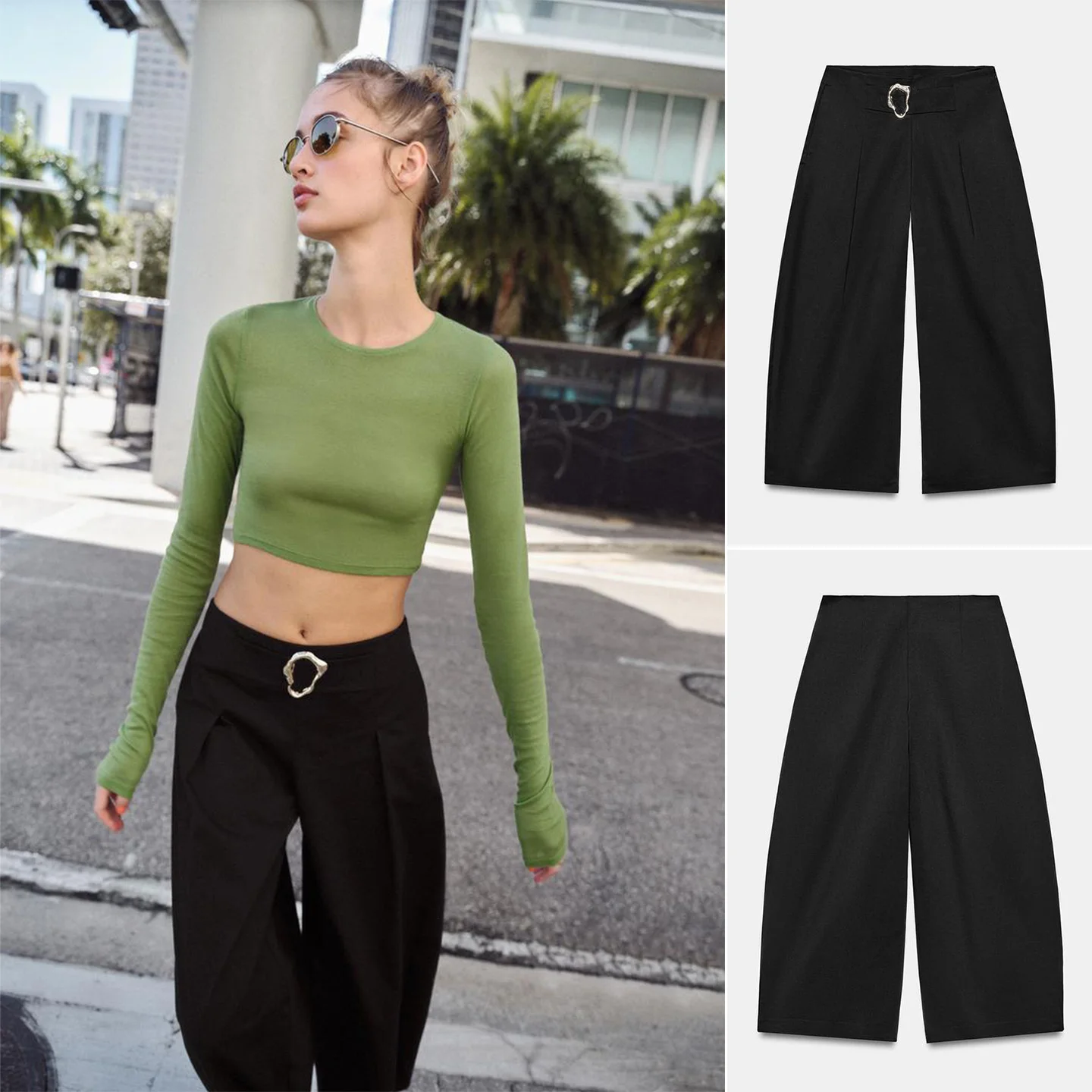 

Spring New Women's Loose Trousers Metal Bule Wide Leg Pants Commute Sle Polyester Fiber 00% Folded Design mid Waist