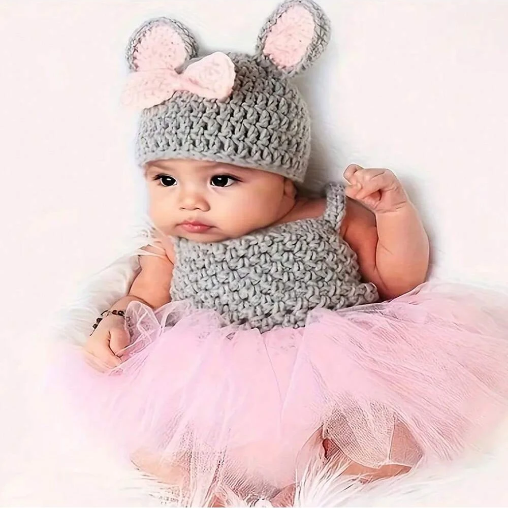 Newborn Photography Outfits Girl Tutu Dress Photo Prop Lace Mesh Splicing Cable Knit Rabbit Hat Romper Infant Photoshoot Clothes