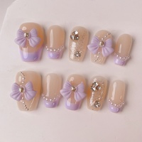 10pcs Handmade False Nails Sets Finished Spring Bow Short Ballet Fake Nail Tips French Purple Press on Nails Wearable Manicure