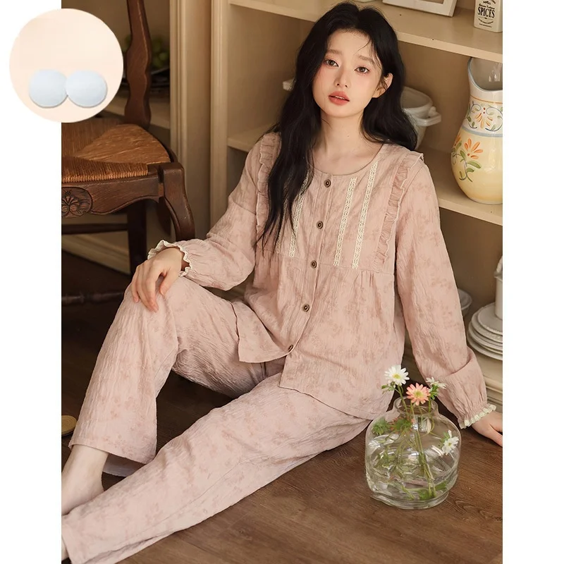 

Casual Long Sleeve Court Style Sleepwear Women's Set with Chest Pad Spring Autumn Two-Piece Sweet Home Clothes New Leisure Set