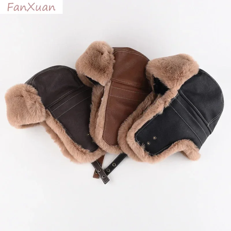 Faux Fur Leather Bomber Hats with Earflaps Trapper Winter Aviator Hat for Men Women Thick Warm Ski Cap Russian Ushanka