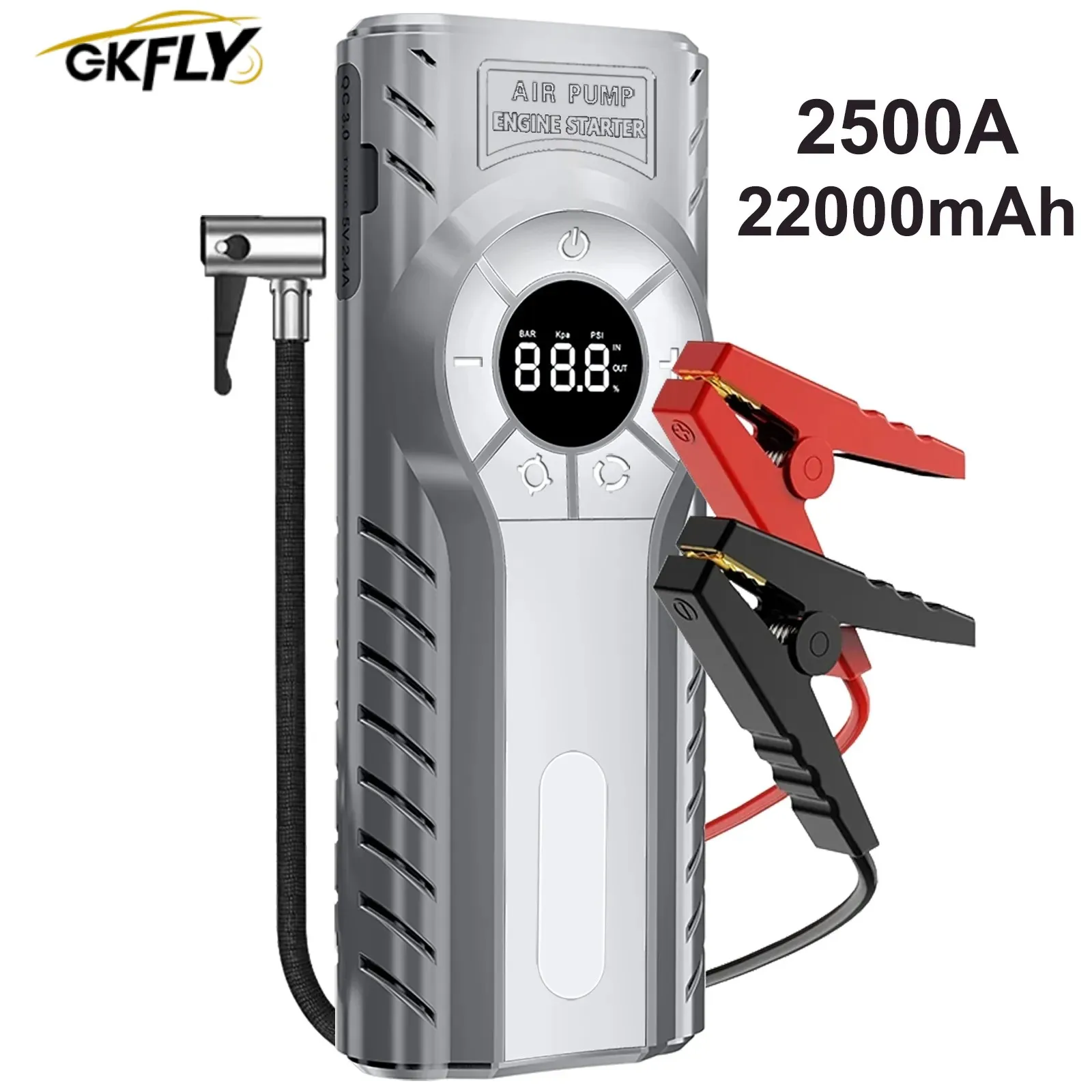 

Portable 2500A Jump Starter 4 in 1 Air Compressor 22000mAh Power Bank For Car Emergency Booster Starting Device LED Lights