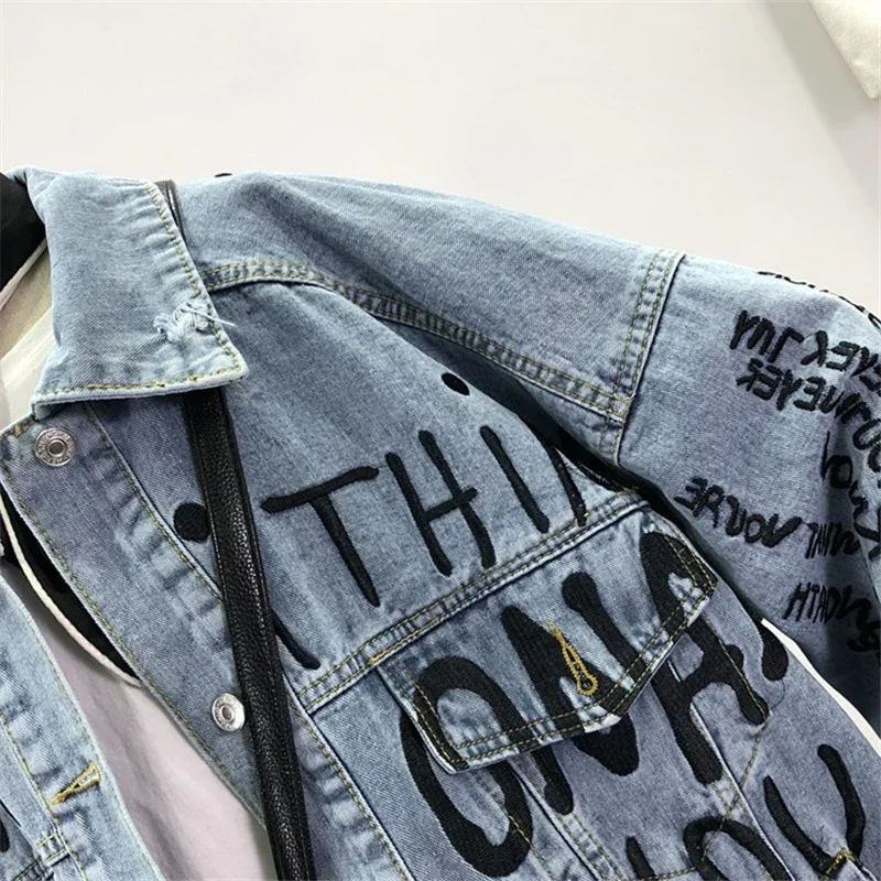 

Autumn Korean Letter Embroidery Denim Jacket Coat Women Loose Mid Long Student Cowboy Outerwear Big Pocket Jeans Jacket Female