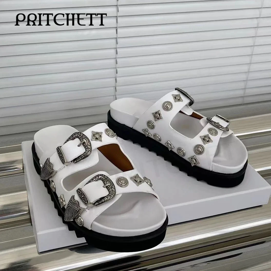 Silver Metal Decorative Platform Slippers Round Toe Leather Open Toe Slippers Personality Casual Fashion Women's Shoes