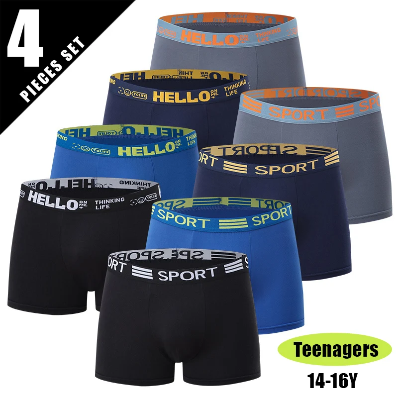 4 Pcs Teen Men's Solid Color Loose Boyshort Middle School Boy Comfortable Casual Underwear Plus Size Elastic Waist Shorts 14-16Y