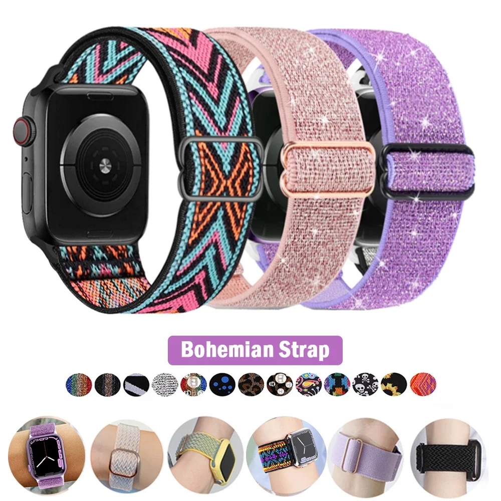 Bohemian Nylon Strap for Apple Watch ultra 2 49mm 41mm 45mm 38/40/44mm Elastic Shiny Bracelet iWatch Series 9/8/7 6 5 4 Se Band