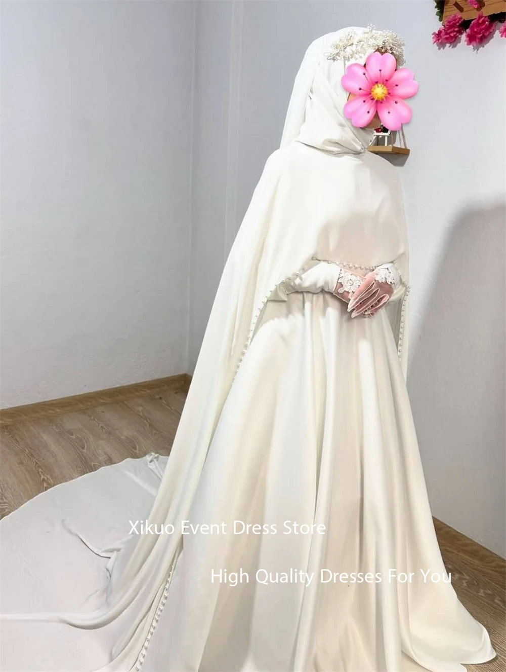 Xikuo une ligne robes De mariée en Satin arabie saoudite robes De mariée plissées musulmanes manches longues col haut Vestido De Novia personnalisé
