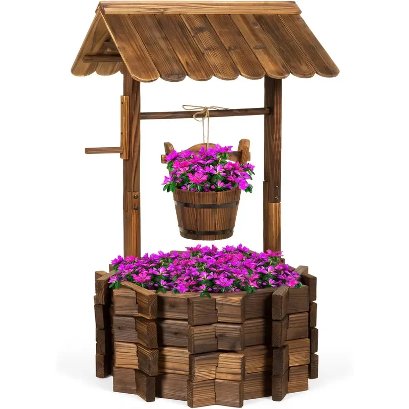 Large Rustic Wooden Wishing Well Flower Pot Set Outdoor Garden Decoration Home Yard Planter Vintage Style Landscape Ornament