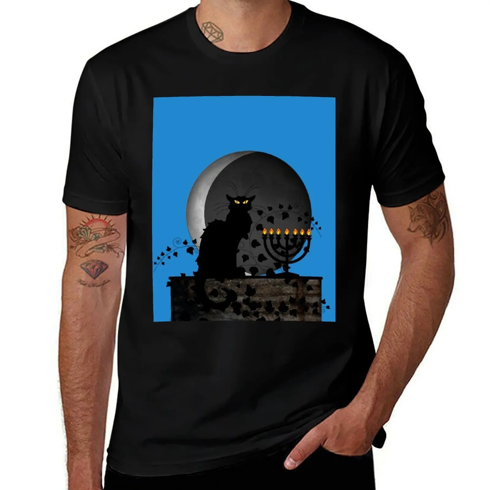 Hanukkah Chat Noir T-Shirt Work Outdoor Short Sleeve Tee T-Shirt