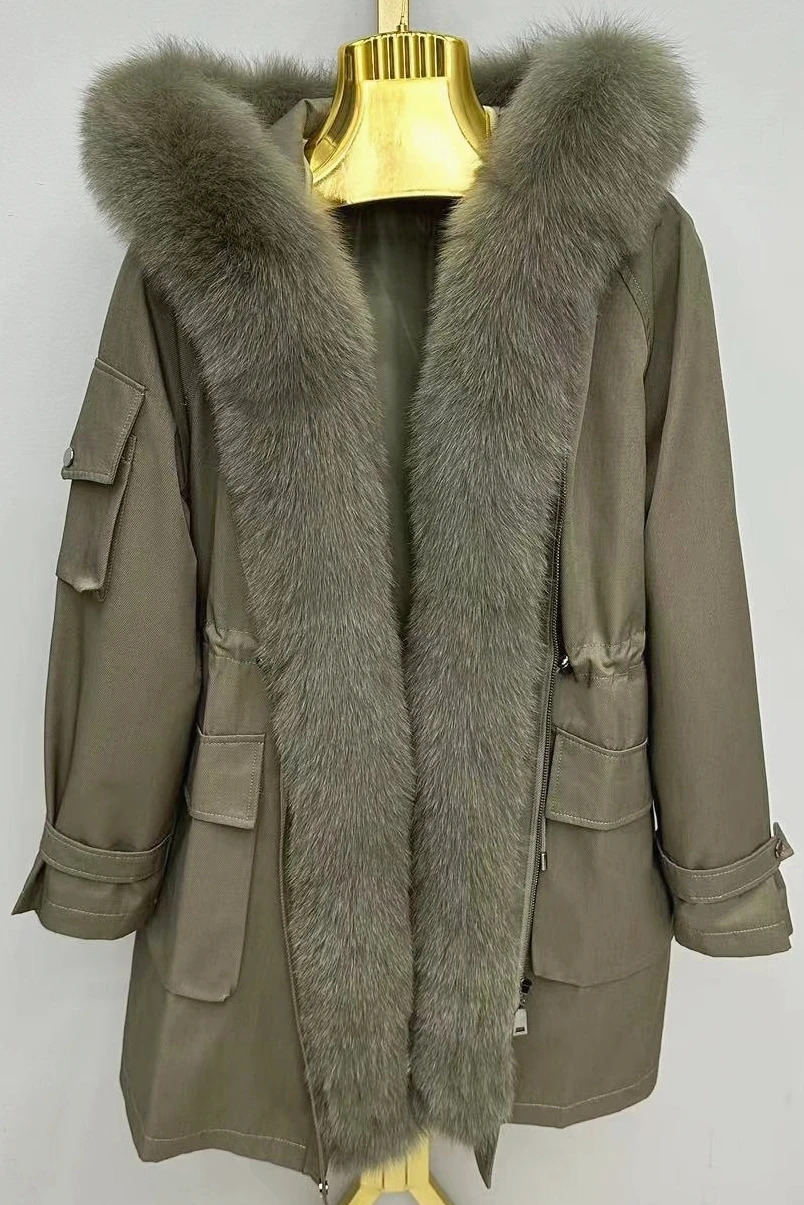 Parkas de longitud media con capucha para mujer, abrigo de piel de zorro, forro de lana extraíble, abrigo cálido de manga larga, Abrigo acolchado informal, moda de invierno, nuevo, 2023