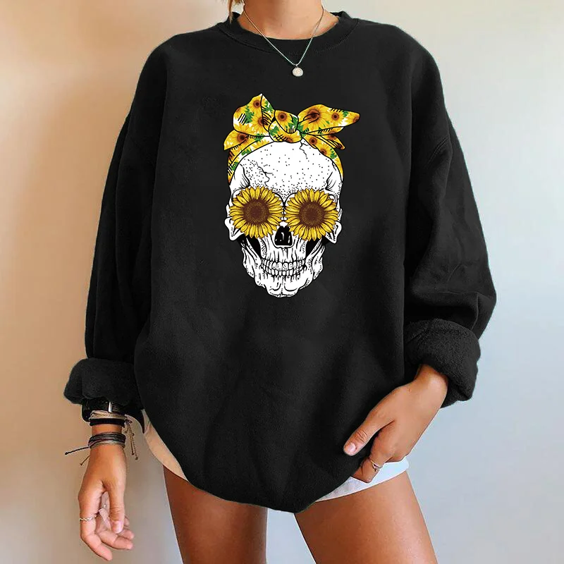 

Seeyoushy Harajuku Sweartshirts Streetwear Skull Scraf Sunflowers Print Women Swearshirts Drop Shoulder Tops Clothes Moletom Y2K