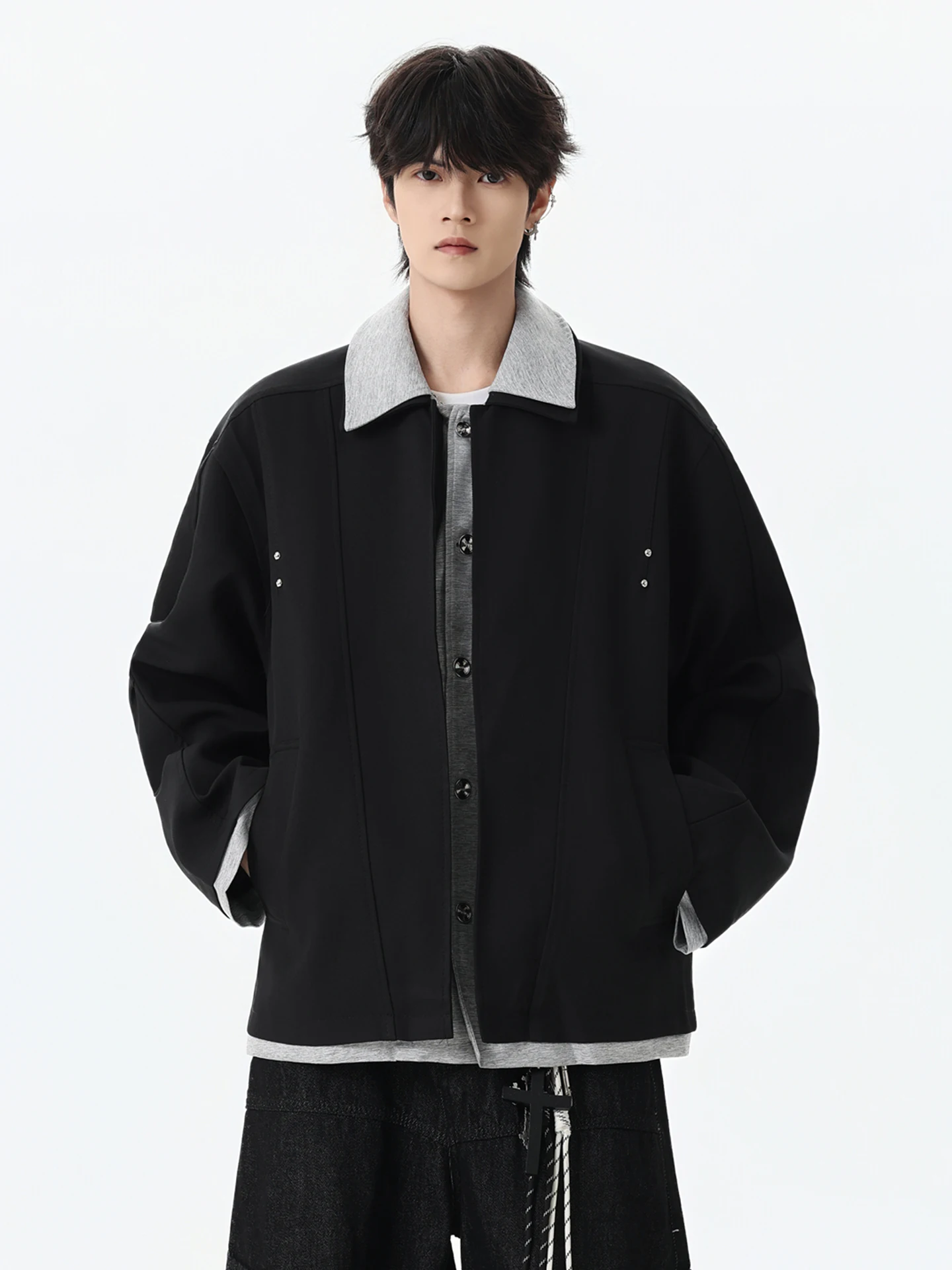 Korean Style Luxury Light Fragrance Style Men's Spring Autumn Loose Splicing Design CleanFit Jacket Collar Coat Fashionable Y...