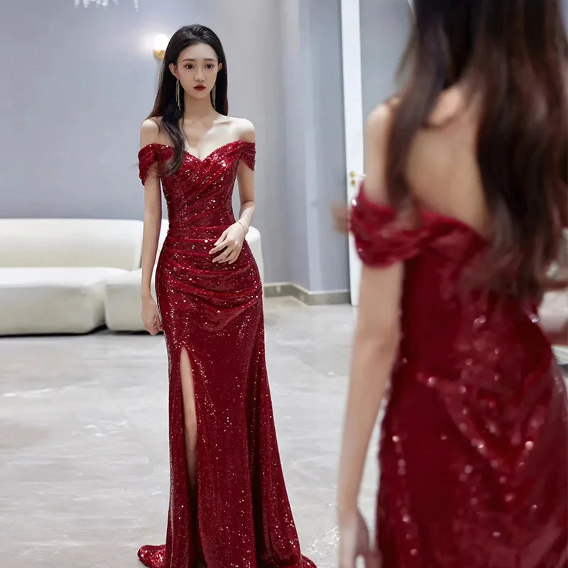 

Ele Long Evening Gown with One oulder And Slit for Engagement Par Bright Sequins Fi Tail Wedding Dr