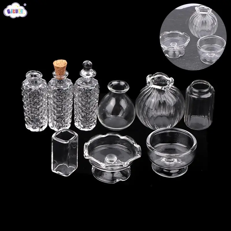 1:6 1:12 Dollhouse Miniature Glass Vase Dessert Cup Wine Bottle Wishing Bottle W/Corked Home Decor Toy Doll House Accessories