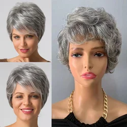 Gray Short Pixie Cut Wigs Human Hair Natural Wave Wigs With Bangs Brazilian Color #51 Gray Glueless Wigs Curly Pixie Cut Wigs