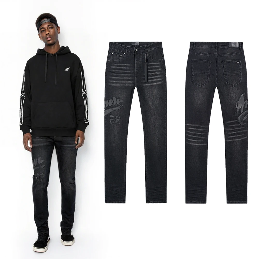 

Новые джинсы Y2K в уличном стиле, облегающие, с кожаной вышивкой, в стиле хип-хоп, ретро, с эффектом потертости, черные, повседневные, в стиле рок-ревайвл