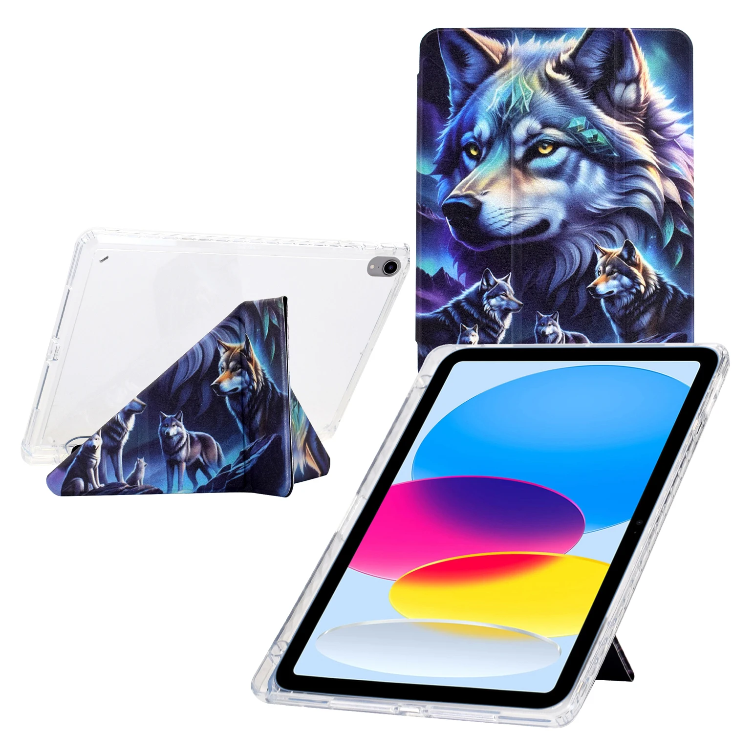 

For iPad (2025) / 10.9 (2022) Case Y-Fold Stand Pattern Print Leather + Clear Acrylic Tablet Cover with Pencil Holder - Phantom