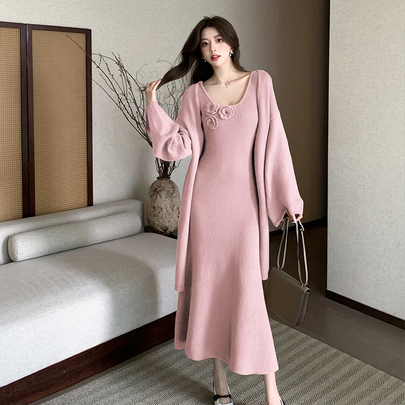 

Fashion 2 Piece Set Women Autumn Winter Pullover Knit Sweet Flower With Vest Mini Dress Casual Solid Sweater Sets Clothes Outfit